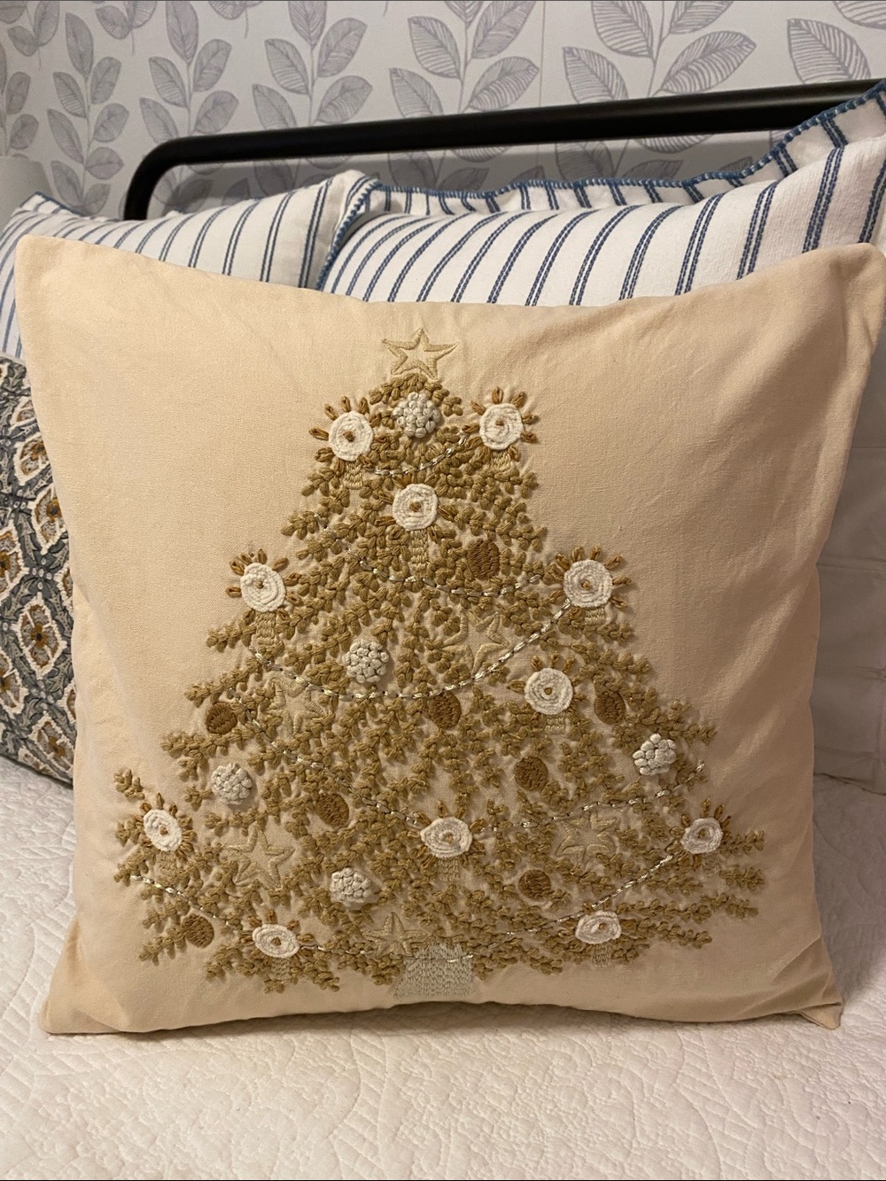 Pottery Barn Beige Embroidered Christmas Tree Pillow Cover and Feather Insert